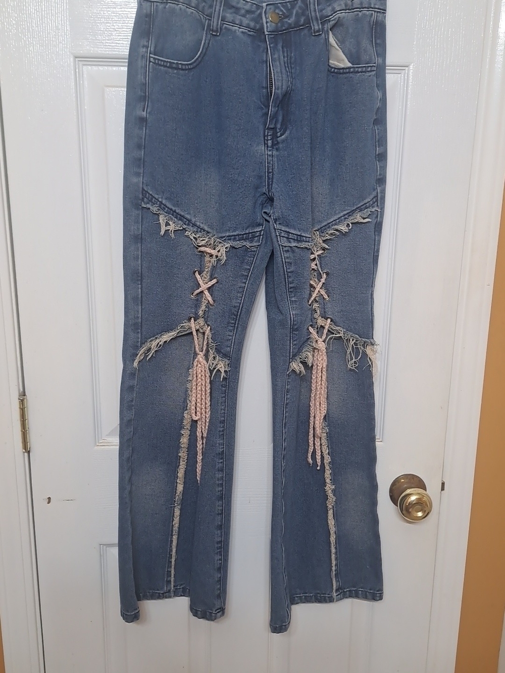 Cider Blue Distressed Flare Jeans with Pink Lace-Up Detail